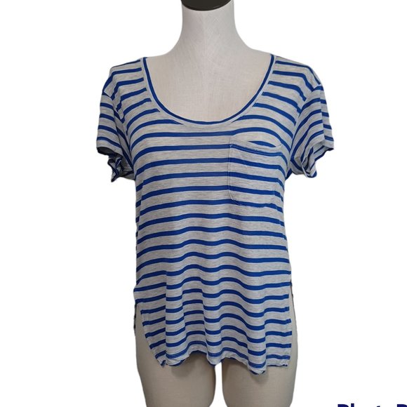 Madewell Blue Gray Striped Scoop Neck Pocket Tee Shirt - Picture 2 of 10